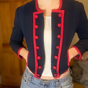 H&M Navy Military Style Blazer with Red Accents and Hook Closures, Pockets
